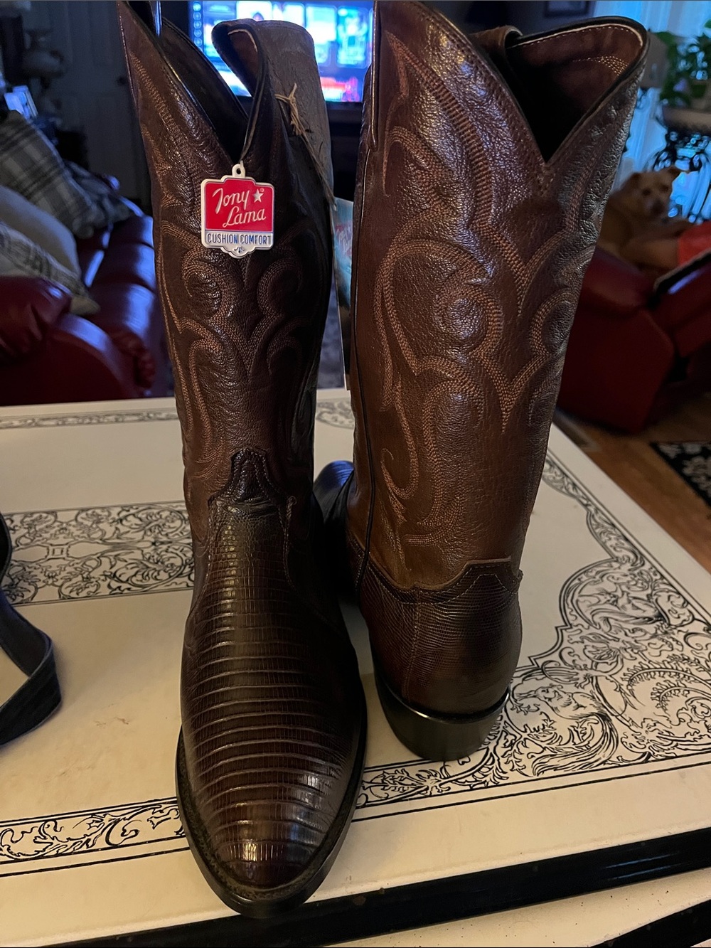 Tony Lama Dark Brown Embossed Leather Western Cowboy Boots Lizard Skin 10.5 EE